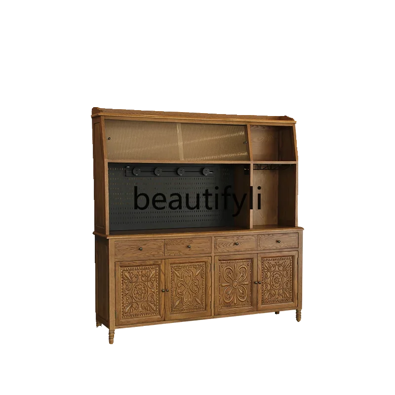 

American rural solid wood dining side cabinet, hole board integrated high cabinet, wall storage cabinet, multi-functional