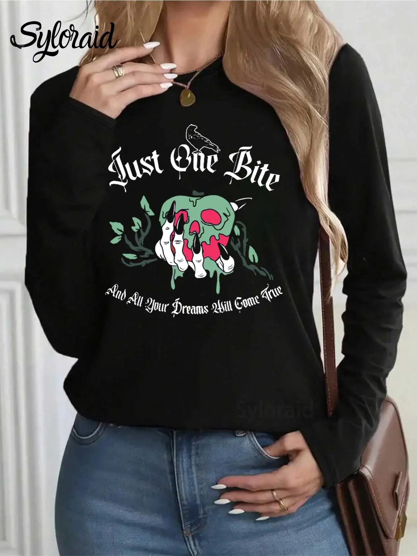 Damen Langarm T-Shirt Poison Apple Just One Bite T-Shirt Mode Rundhals Casual Top