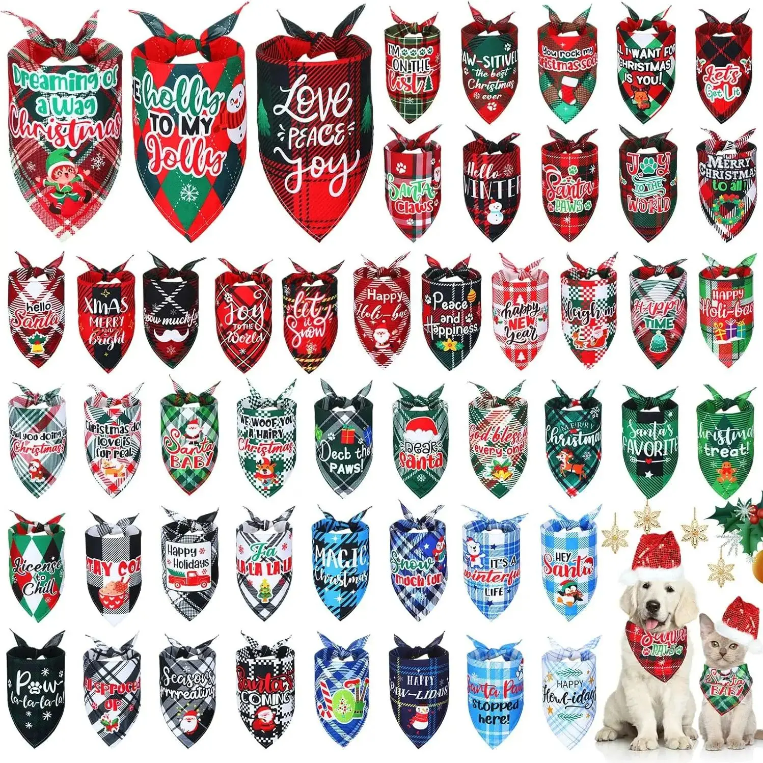 50 Pcs Christmas Plaid Dog Bandanas Bulk Holiday Dog Scarf Bibs Puppy Pet Costume Accessories Grooming Supplies for Cats Dogs