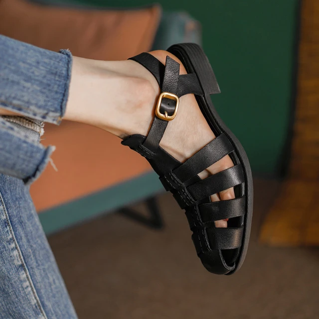 Vrouwen Sandalen Gesloten Neus Schoenen Vrouw Vintage Gladiator Gesp Band Romeinse Stylesummer Sandalen Retro Dames Koeienhuid Lente Schoenen AliExpress