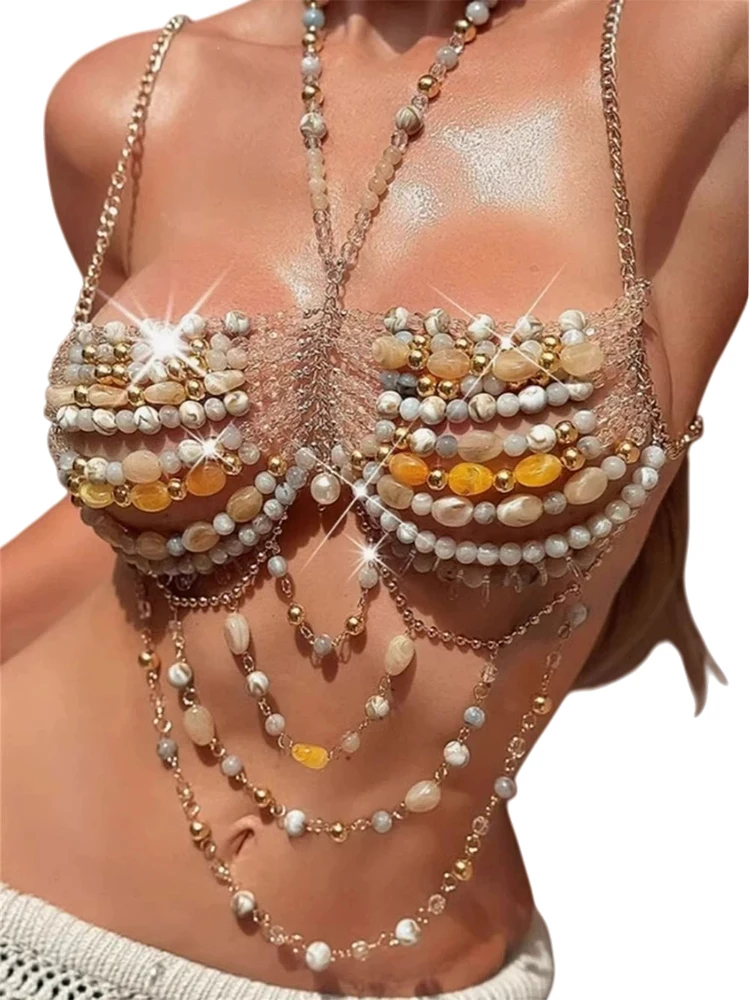 

2026INS Handmade Gemstone Sexy Crop Top for Women Summer Breathable Short Sleeve V-Neck Inner Wear Splice Design Bralette