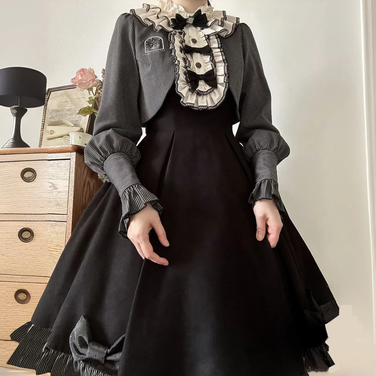 

NONSAR Autumn Lolita Fake Two Pieces Dress Women Serenade Ruffles Bow Long Sleeve Dresses Elegant Slim Patchwork Vintage Dress