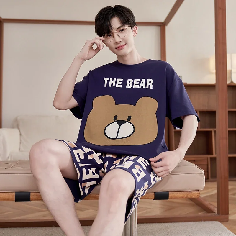 Summer Men's Pijama Sets Cotton Short Sleepwear Cute Bear Male Homewear Pyjamas Korean Loose Pajamas Conjuntos de Pijama 3XL