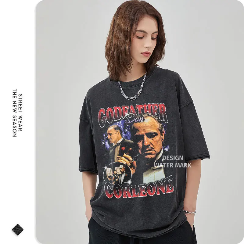 Godfather T Shirt Harajuku Movie Vintage Washed Tops Tees DTG Printing Short Sleeve Oversized Retro Men's Clothing 100% Cotton