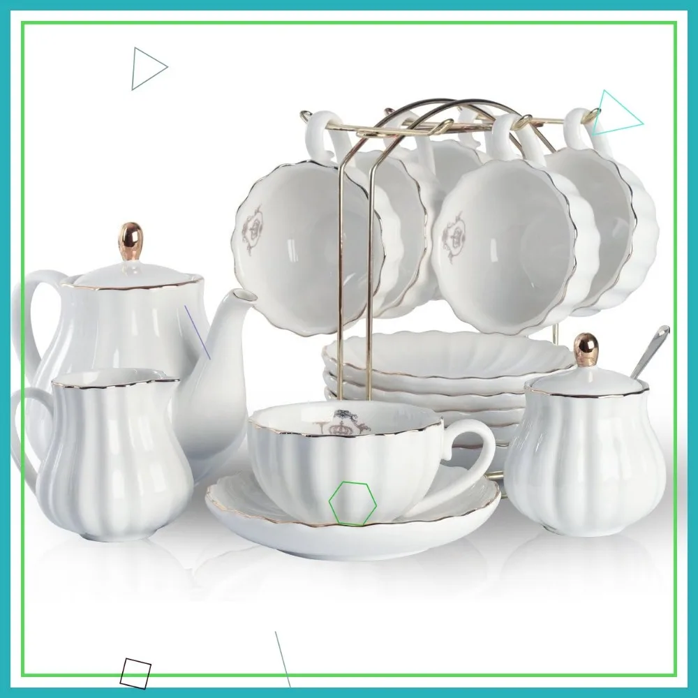

British Royal Porcelain Tea Set, 8oz Cups & Saucers for 6, Teapot, Sugar Bowl, Creamer, Spoons & Strainer