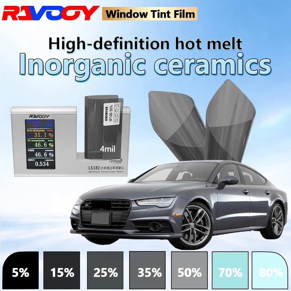 

RAVOOY SF100-50% 4mil Automotive Safety Window Film 152CMX30M VLT 46.6% High Definition Hot Melt Inorganic Ceramic Tint