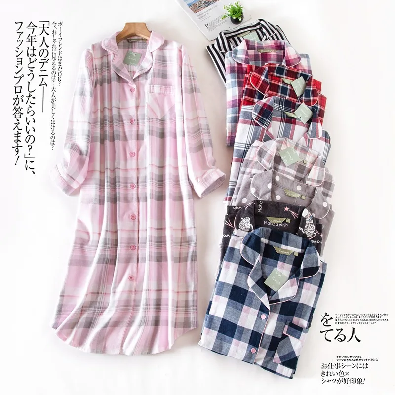 Women\'s Flannel 100% Cotton Nightgowns Button Down Boyfriend Nightshirt Mid-Long Style Sleepshirt Pajama Dress Casual Nightshirt