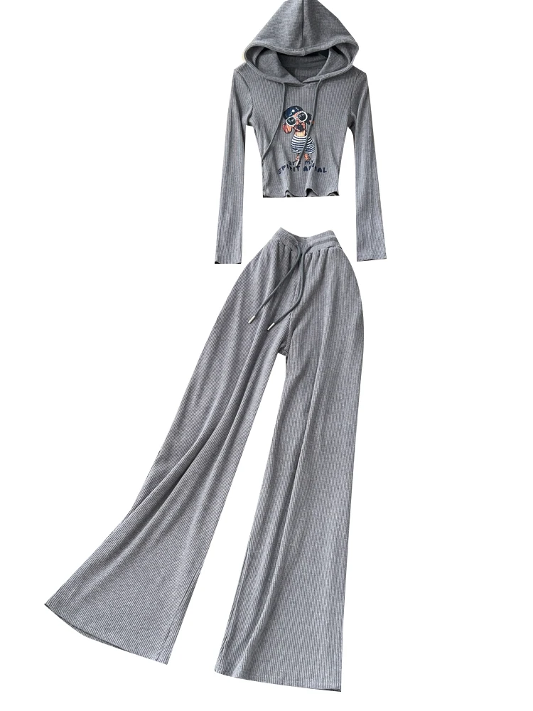 Set da donna in due pezzi lavorato a maglia drappeggiato a vita alta con cappuccio stampato ort Top pantaloni a gamba larga Autunno Inverno Faion Ensemble