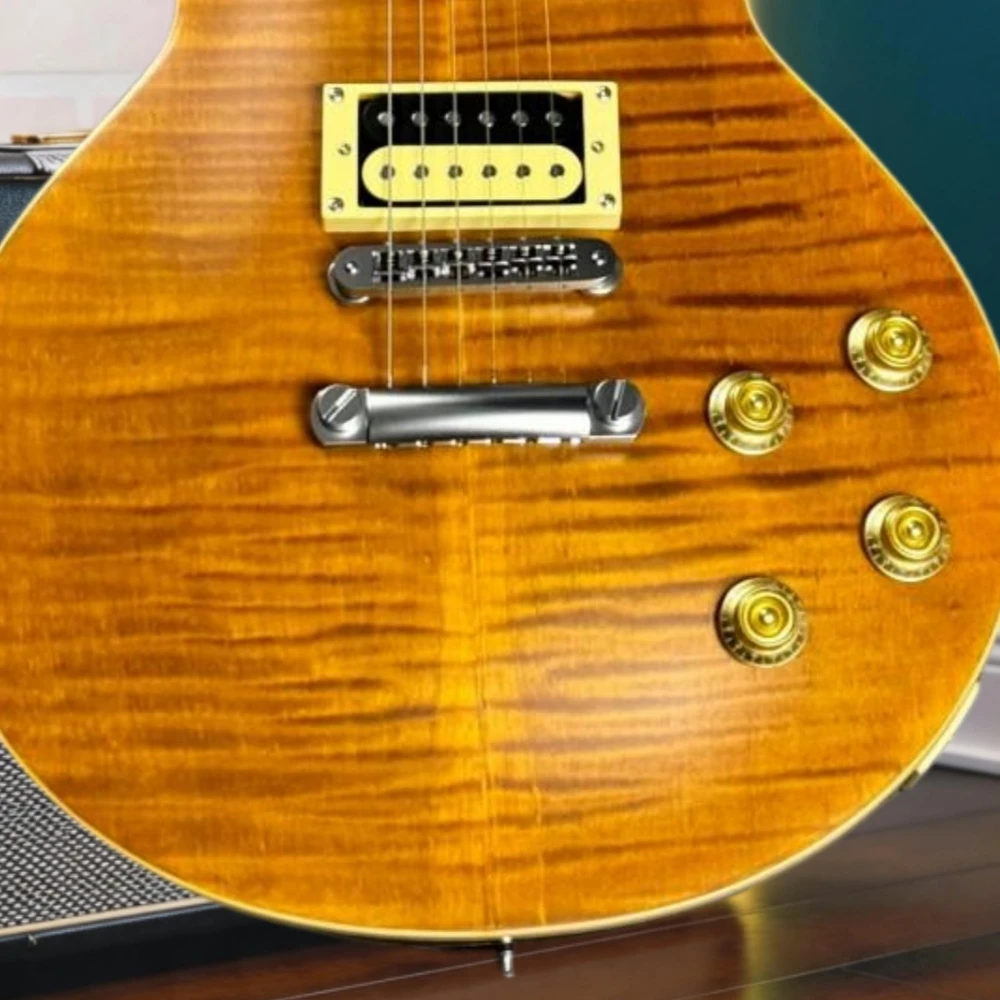 Amber Tiger Flame LPQW Style Electric Guitar Dual Humbucker Flamed Maple Top Block Fret Inlay Rock Guitar Solid Body