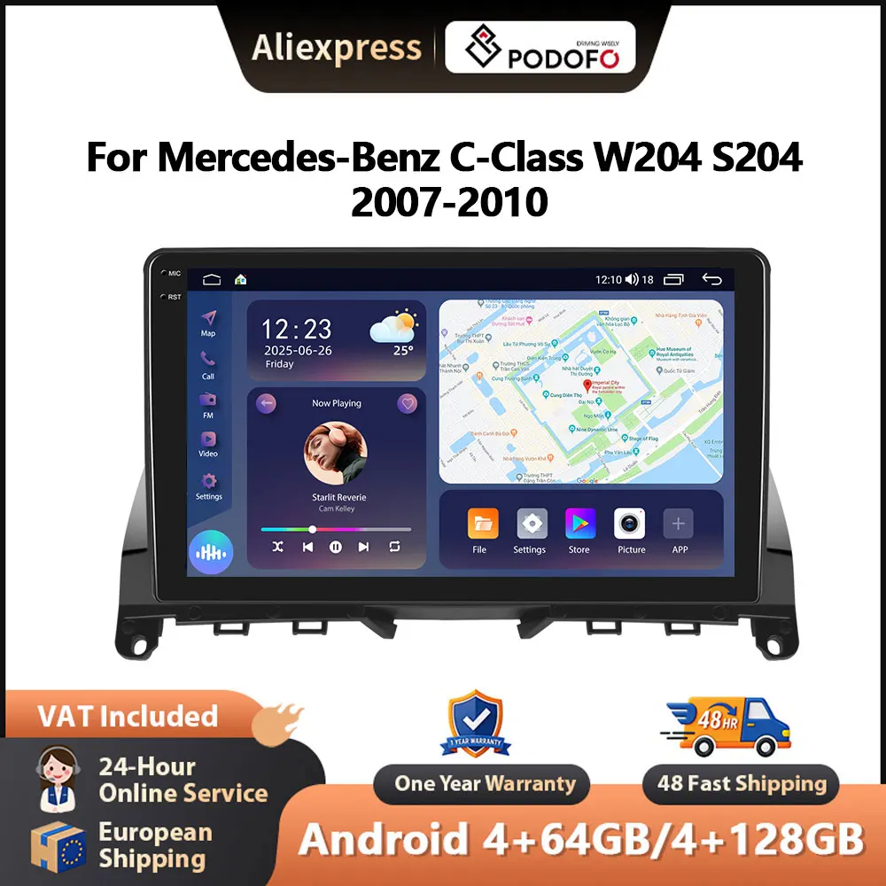 Podofo 9-Zoll-Auto-Multimedia-Player für Mercedes-Benz C-Klasse W204 S204 2007-2010 Android CarPlay GPS Autoradio WIFI FM/RDS EQ