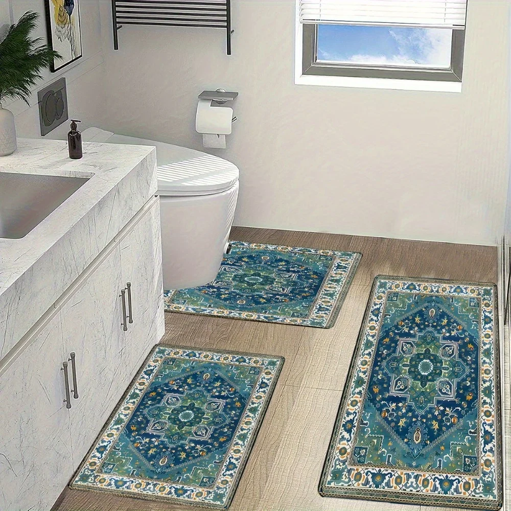 

Vintage Blue Persian Style Bathroom Rug Set 3 Piece Non Slip Absorbent Mat Toilet Lid Cover Floor Carpet Home Decor
