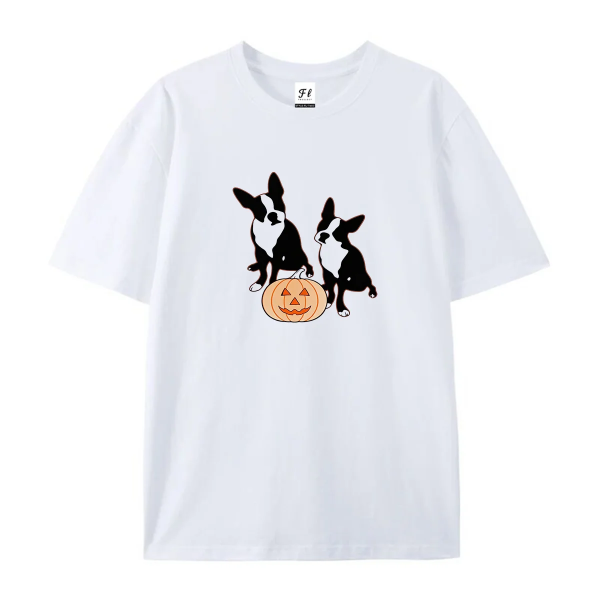Unisex Short Sleeve T Shirt Two Boston Terrier Dogs Jack O Lantern Pumpkin Halloween Graphic Casual Tee Pet Lover Holiday Gift