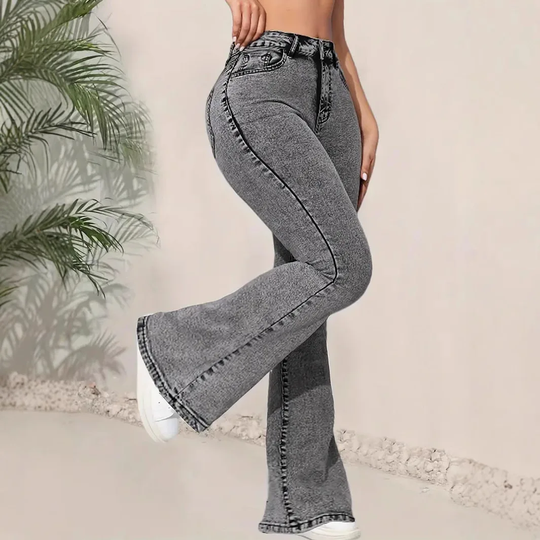 Dark Gray Women's Jeans Slim And Thin Multi-functional Design High Waist Denim Flared Pants New Spring And Autumn High Street