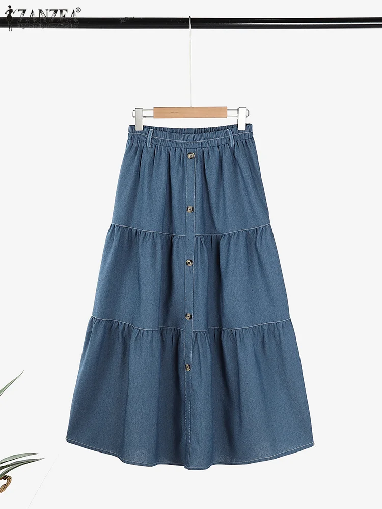 Fashion Women Denim Blue Skirt Jupes ZANZEA Stylish Solid Pleated Sundress 2024 Autumn Elegant Casual Party Work Midi Skirts