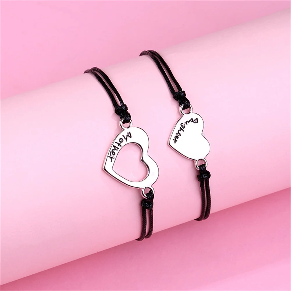2Pcs Mother and Daughter Hollow Heart Braided Bracelet Adjustable Love Wrist Rope Bangle DIY Jewelry Accessories Festival Gifts