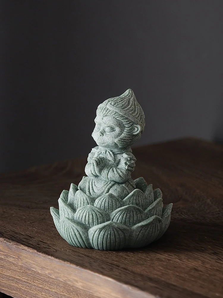 Lotus Monkey King Sun Wukong Tea Pets,Green Sandstone, Gongfu Tea Accessories,Fish Tank Landscaping,Zen Home Decoration