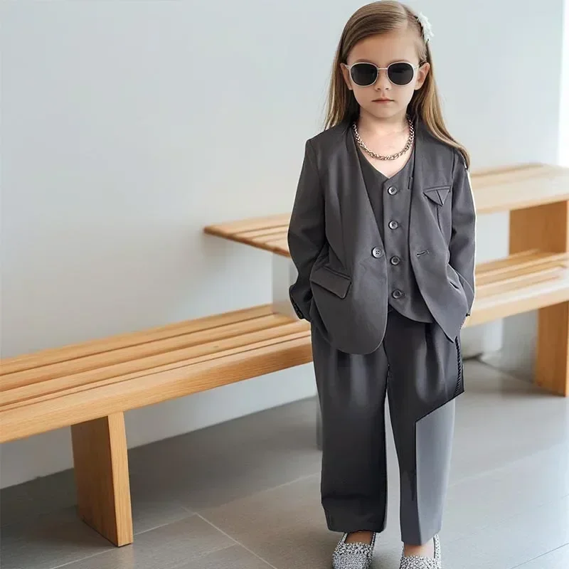 3 Piece Spring Autumn Kids School Uniform 2 To 13 Years Children Group Costume Girls Suit Pink Grey Casual Blazers Vest