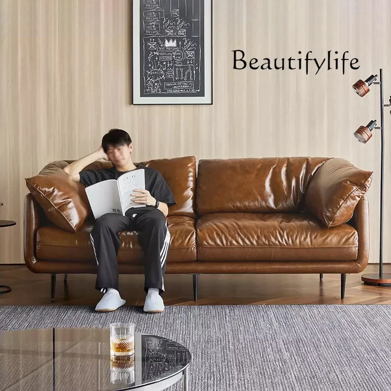 X36 Sofa Retro Oil Wax Leather Sofa Straight Row Three-person Small Apartment Living Room Antique Down