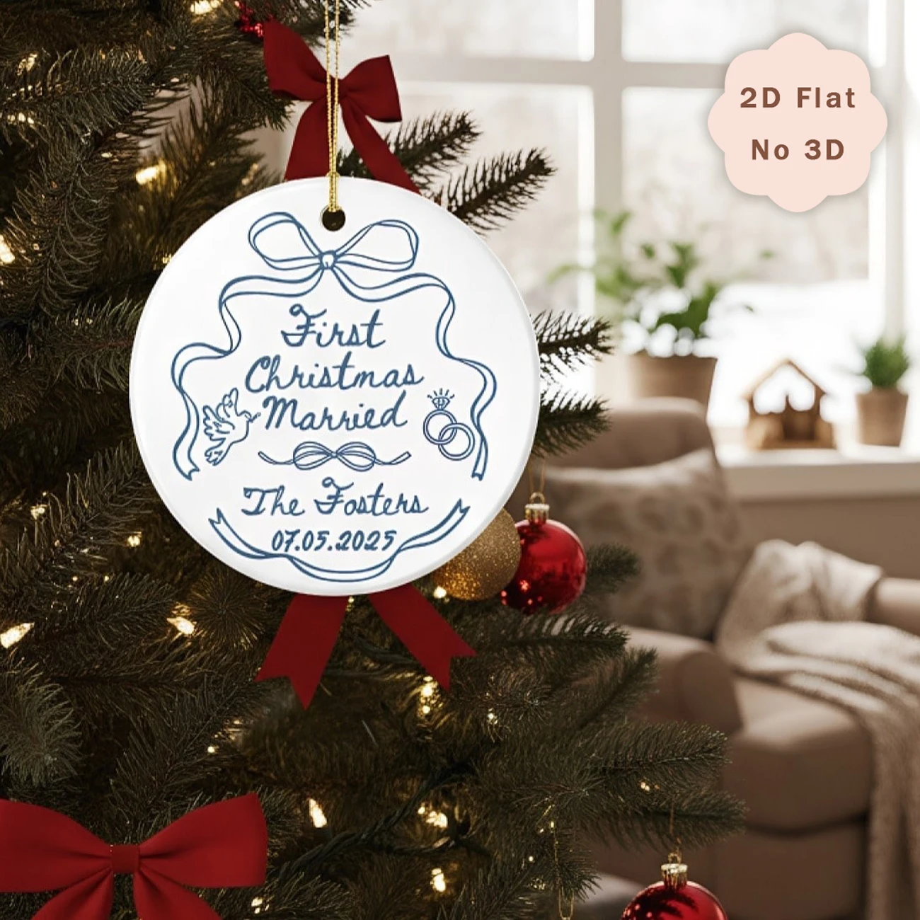 Custom Christmas Ornament, Acrylic Material, First Christmas Married Hanging Decor, Custom Names & Wedding Date, Bow Dove Ring P