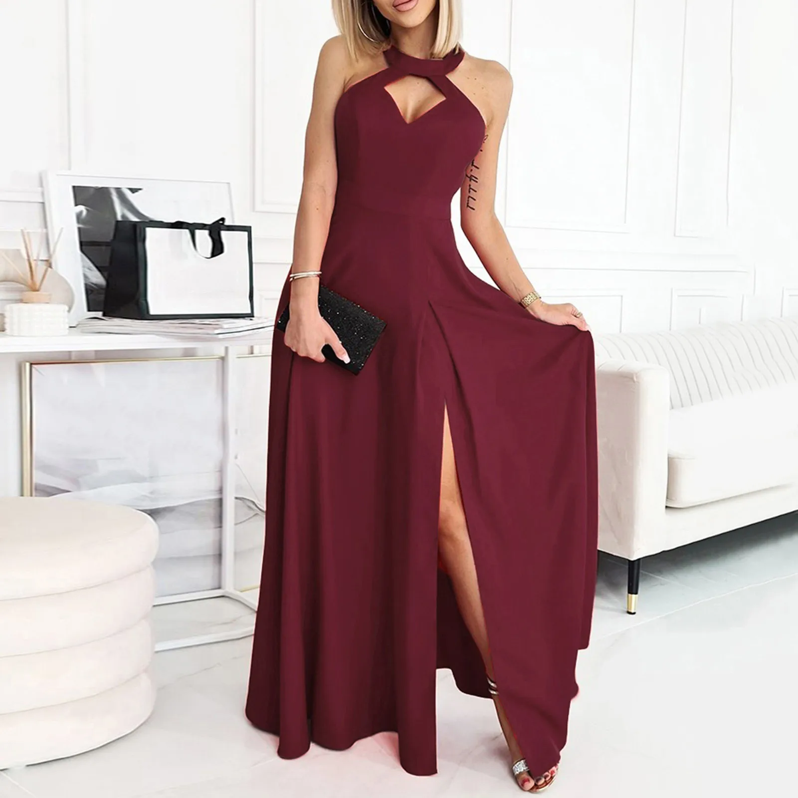 Abiti da Cocktail per le donne 2024 elegante elegante elegante tinta unita con scollo all'americana senza maniche con spacco laterale abito rosso Vintage a-line Party Dress