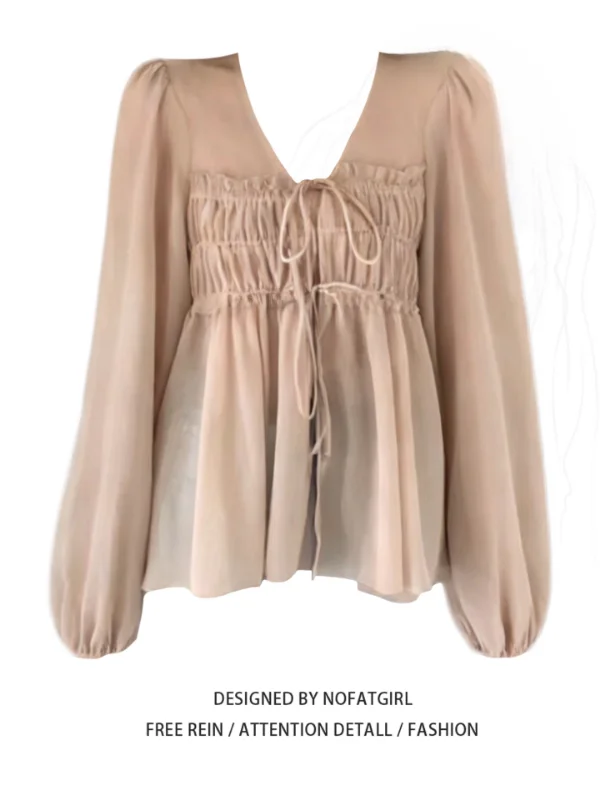 

Женская блузка больших размеров с V-образным вырезом и рукавами-фонариками в корейском стиле, свободного кроя, из полиэстера, приятная к телу, дышащая