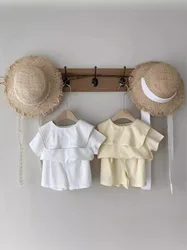 Conjunto de ropa de manga corta para bebé, camisetas de algodón con solapa grande y pantalones cortos, traje de 2 piezas, trajes informales para niño pequeño, novedad de verano 2024
