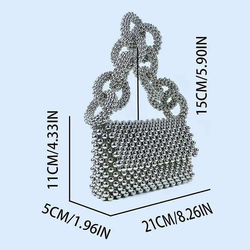 High Quality Silver Acrylic Beaded Evening Bag Luxury Design Heavy Beaded Small Square Bag Female Wedding Party Shoulder Bag