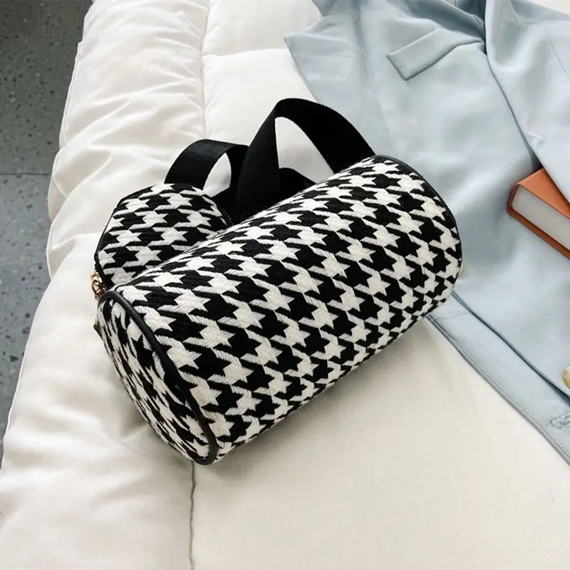 Fashion Houndstooth Plaid Printing Shoulder Bags With Mini Round Purse Women Casual Small Crossbody Bags 2pcs Composite Bags