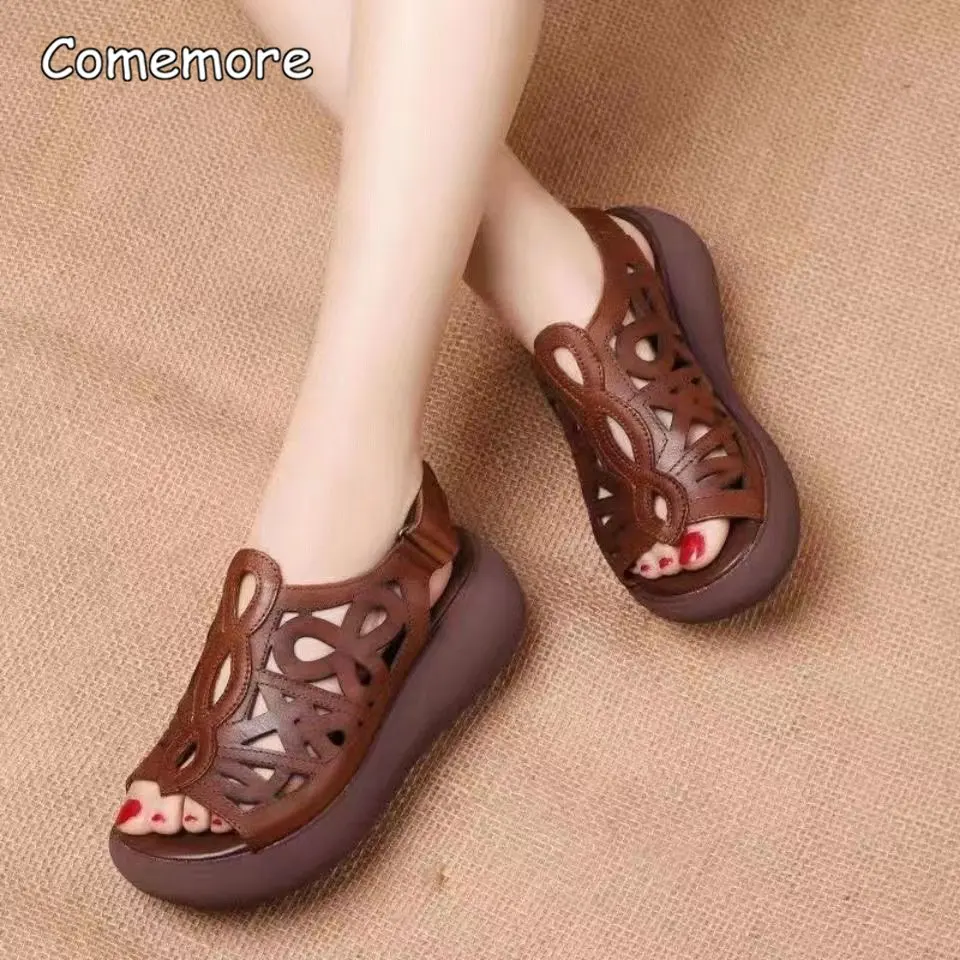 Comemore Mulheres Cunhas De Couro Macio Sapatos de Salto para As Mulheres Verão Sandálias Retro 2023 Sapatos Casuais Feminino Sandália Cunha Sandalias 41