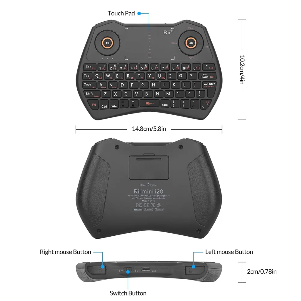 Rii K28 Bluetooth Mini Keyboard Remote Control with Touchpad, Backlit 2.4GHz Wireless Keyboard for Android TV Box, PC, Smart TV