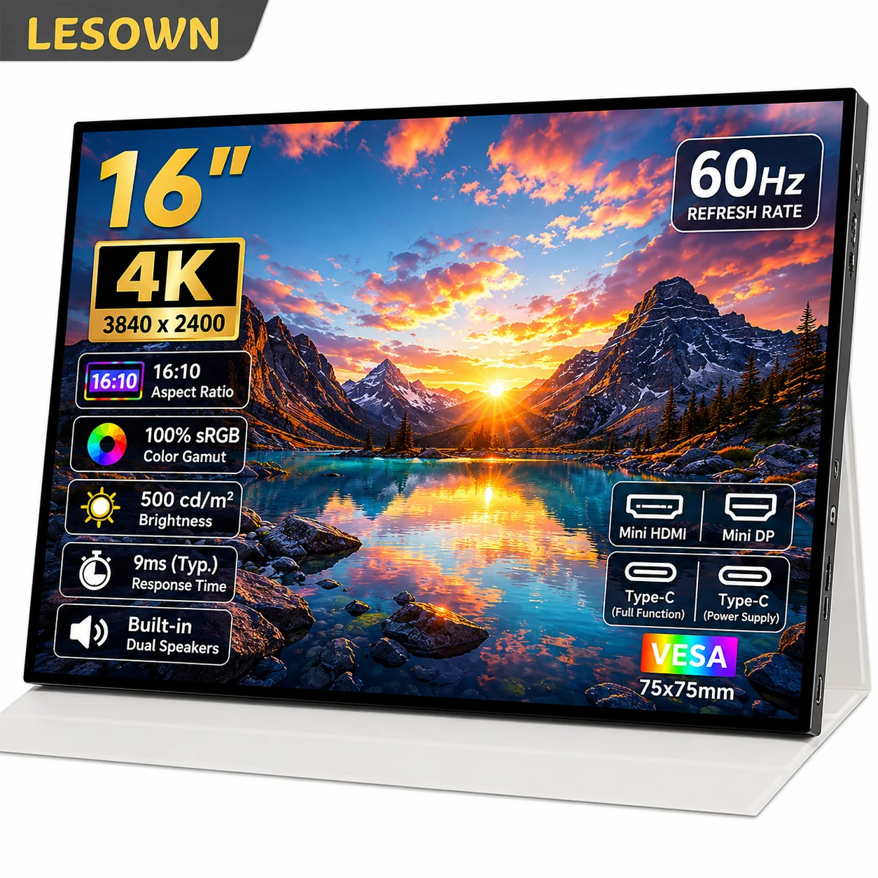 LESOWN 16" 4K Portable Gaming Monitor Aluminum Alloy Travel Display Driverless Screen for Steam Deck