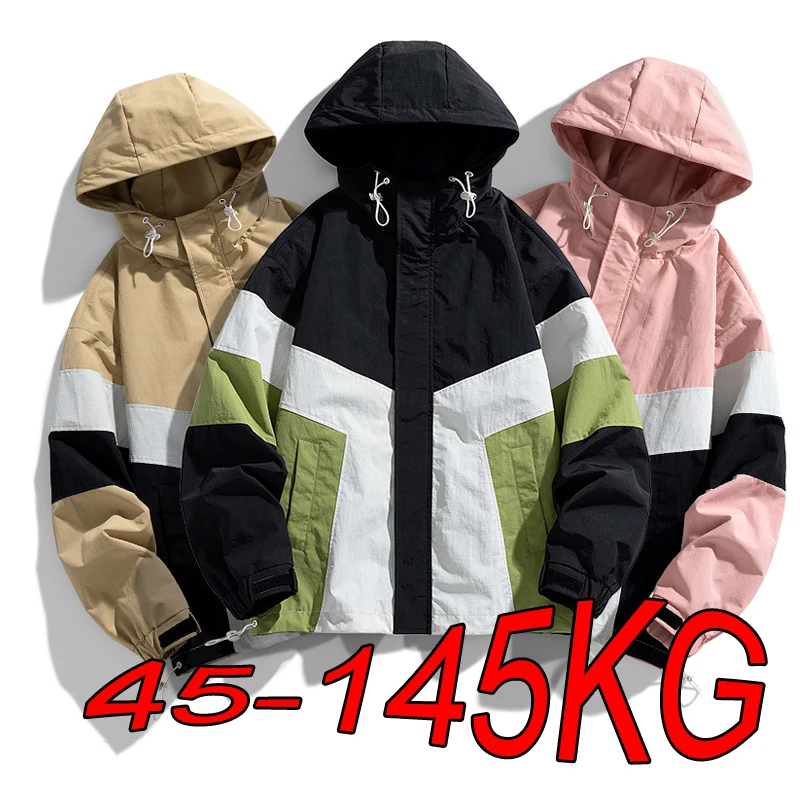 Men's Jacket [M-8XL] Plus Size Jacket Men's Hooded Loose Long-sleeved Trend Color Matching Outdoor Waterproof Jacket