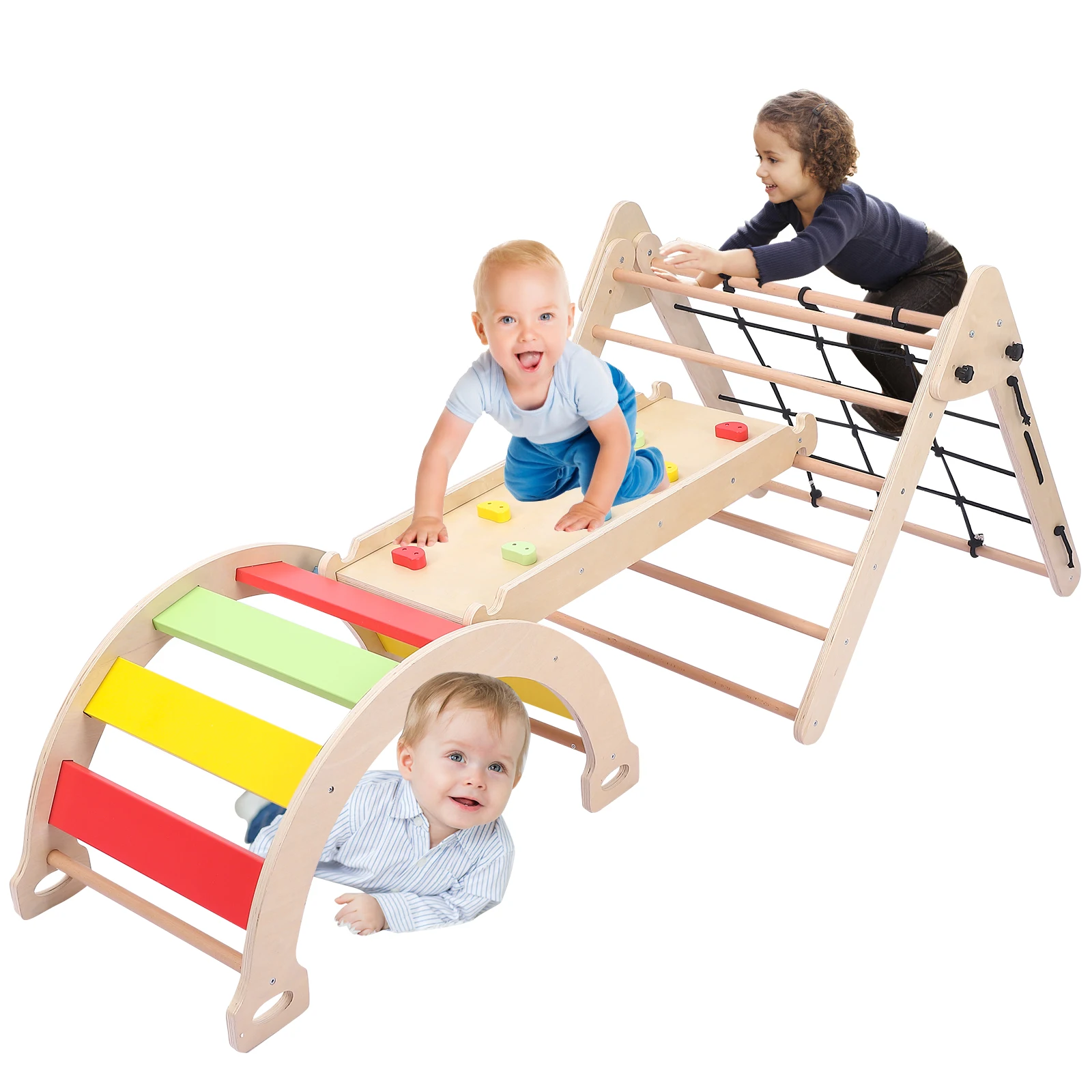 3 in 1 Wooden Climbing Toys Toddler Indoor Gym Playset Triangle Folding Climbing for Climbing Sliding for Boys and Girls