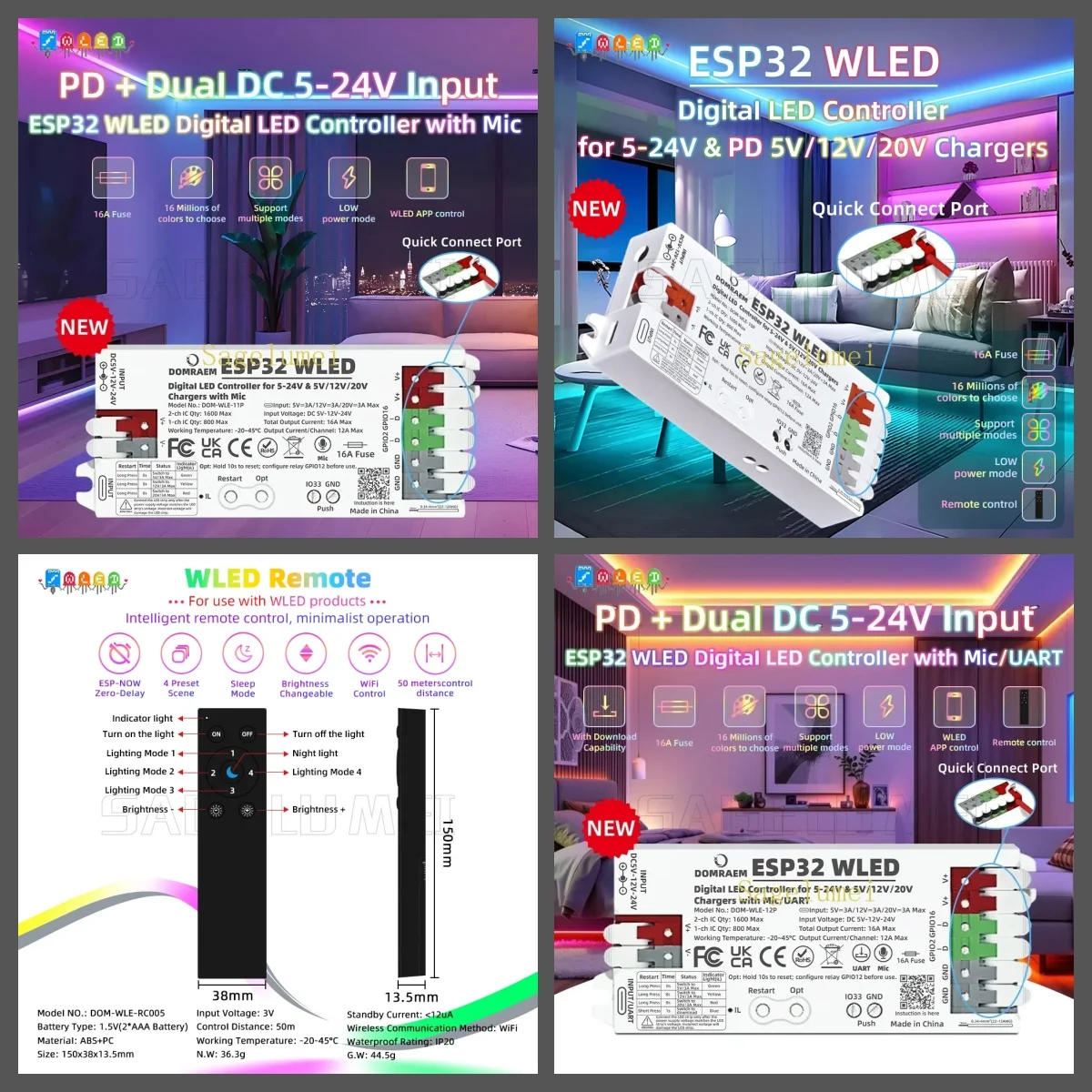 5V/12V/20V DOMRAEM PD 3A Powered ESP32 WLED Digital LED Controller with Mic/UART Port & 16A Fuse for WS281X SK6812 APA102 Strips