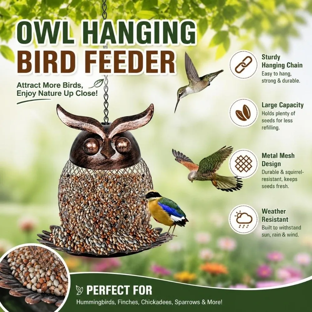 Owl Shape Metal Bird Feeder Rust Proof Metal Mesh Hanging Wild Bird Feeder Squirrel-Proof Bronze Finish Owl Hummingbird Feeder
