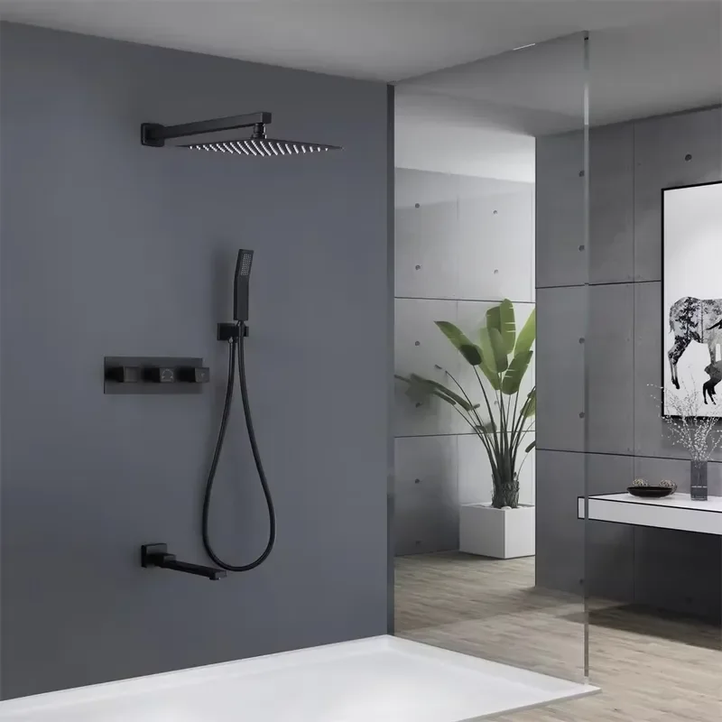 for Modern Rectangle Thermostatic Shower Set Wall Mounted Hidden Faucet with Rainfall Showerhead Bathroom Fixtures Luxury Spa