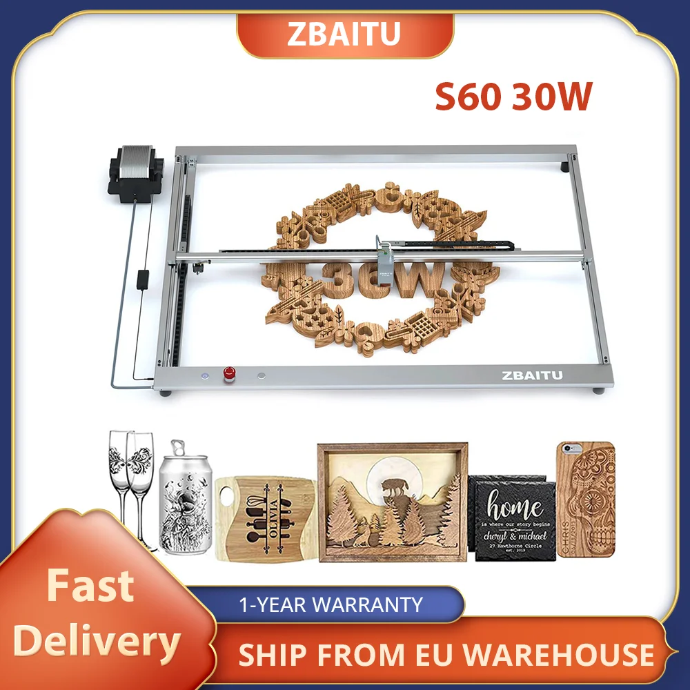 ZBAITU S60 30W Laser Engraver Cutter, 800mm/s Engraving Speed, Air Assist Nozzle, Emergency Stop Button, 32-bit 80x60cm Area