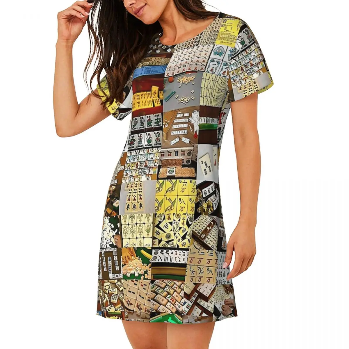 Custom Mahjong Collage Short Sleeves Nightdress For Sleeping Sleepshirts Women Short Sleeve Nightgowns Loose Pajama Dress