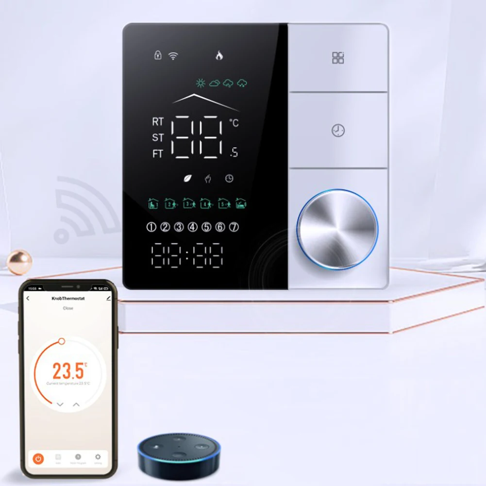 

Программируемый термостат с интеллектуальной ручкой и подключением WLAN и голосовым управлением. Совместимость для эффективного управления электрическим нагревом.