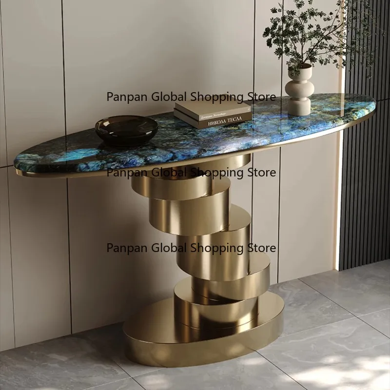 

Mid Century Modern Console Table for Living Room Stainless Steel and Bamboo Hallway Home Furniture with Panel Wood Style