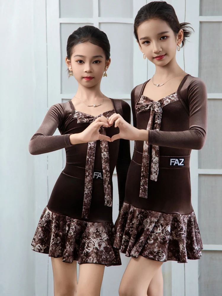 Trajes de baile latino para niñas, faldas divididas con estampado de café, traje de práctica para niños, ropa de escenario de baile latino XH3762, novedad de 2025