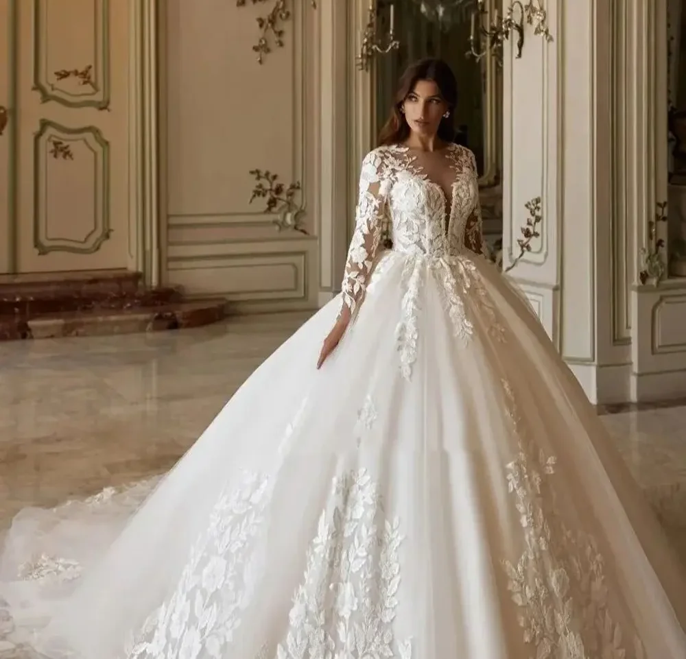 

Exquisite Aplliques Lace Princess Wedding Dresses Tulle Beading Lace Illsion Neck Church Bridal Gowns Vestido De Novia