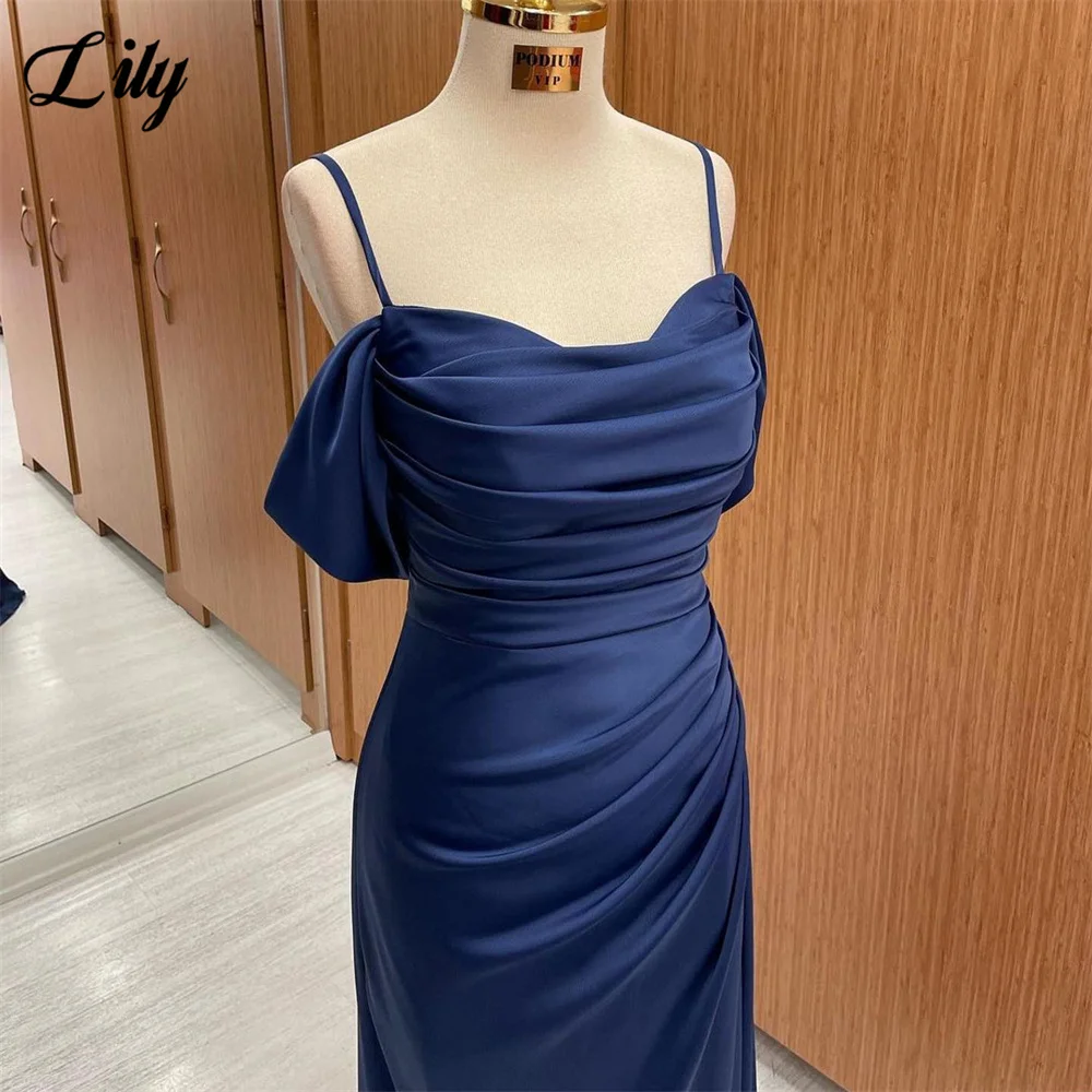 Lily Classic Dark Blue Prom Dress Strapless Mermaid Satin Evening Dress Spaghetti Straps Party Dress Floor Length فستان سهرة