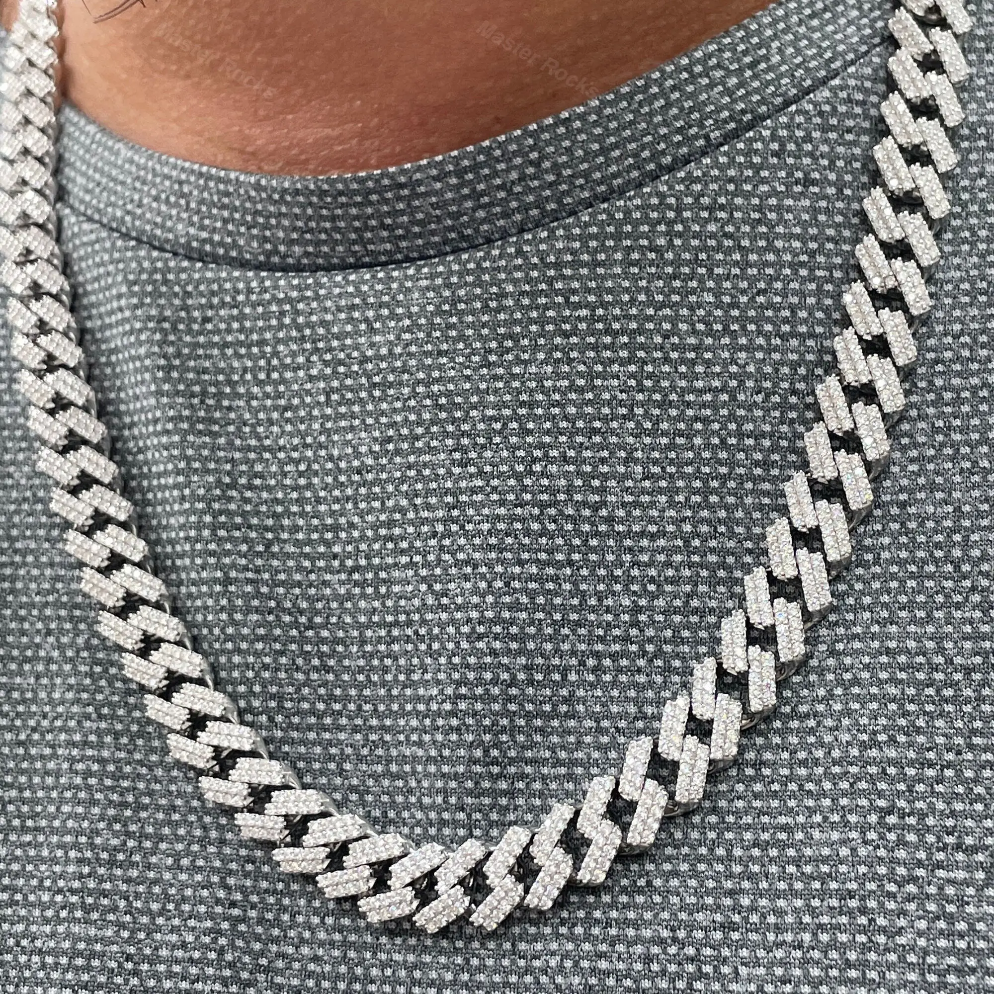 

Master Rocks Vvs Moissanite Cuban Link Chain Necklace Custom 10mm 2 Rows Silver Moissanite Cuban Link Chain