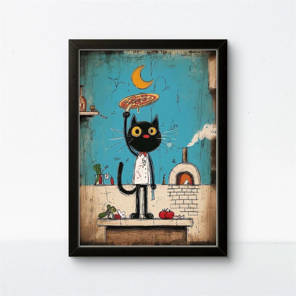 Black Cat Smoking a Cigarette Prints Vintage Poster Art Whimsical Print Funny Animal Wall Decor Vintage Cat Art Canvas Painting