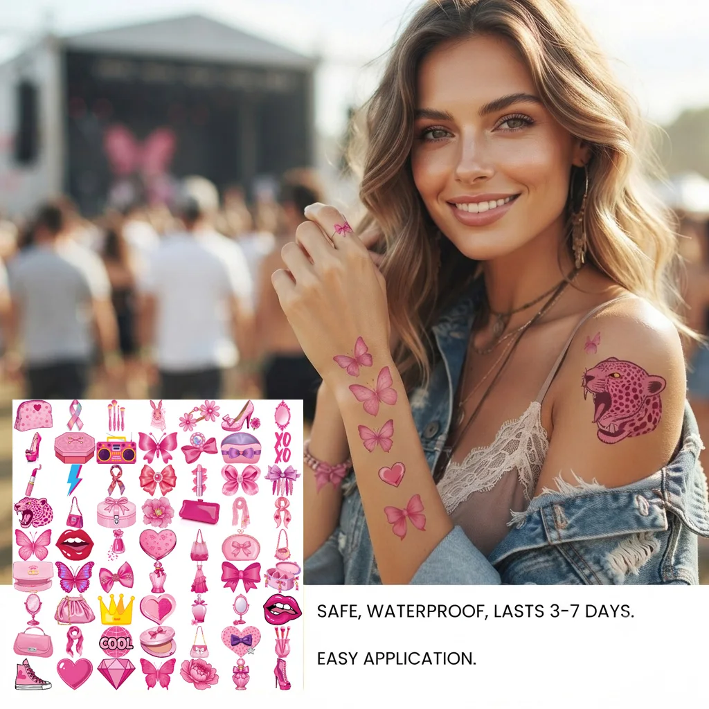 63 PCS Pink Theme Temporary Tattoos Waterproof Fake Tattoos for Kids Women Girls Birthday Party Supplies Body Art Stickers Set