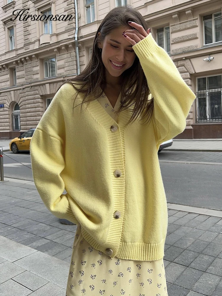 Hirsionsan Elegant Long Sleeve Sweater Women 2023 New Single-Breasted Female Solid Cardigan Soft Chic Flexible Knitted Outwear