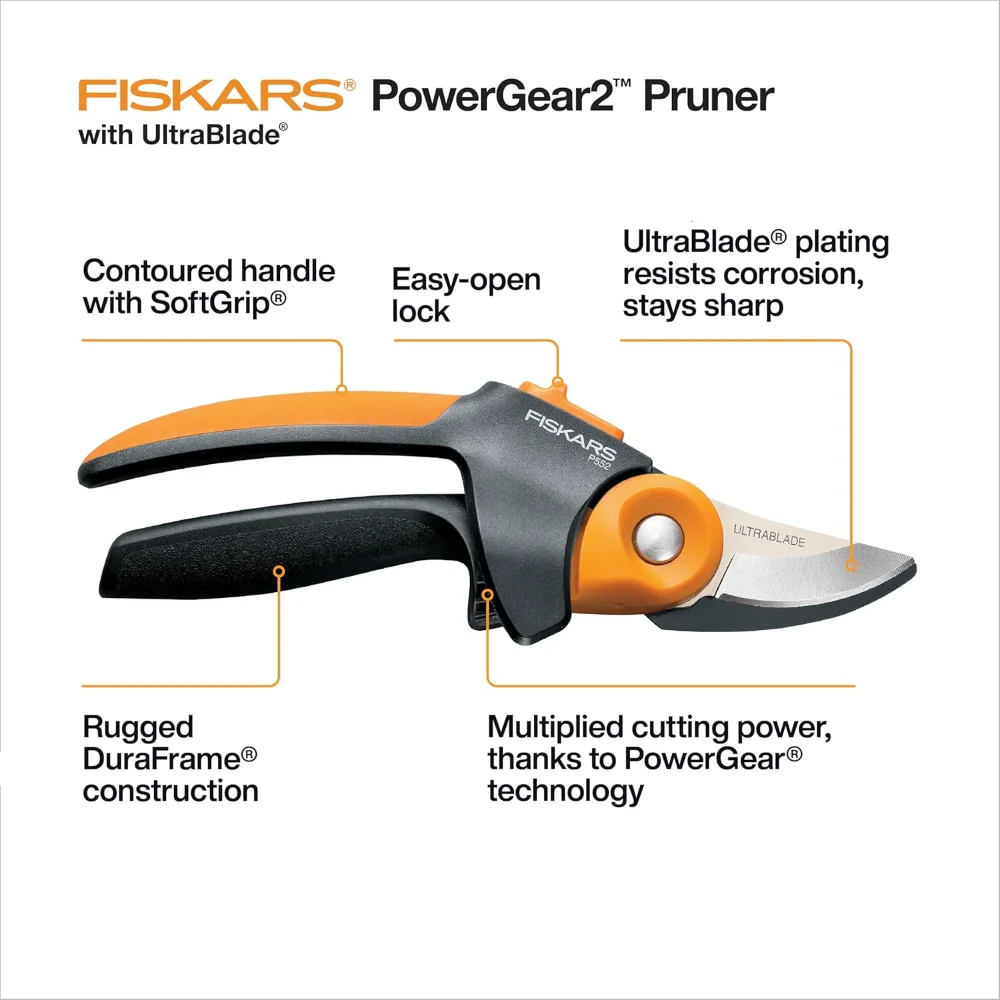 Tijeras de podar Fiskars, tecnología PowerGear2 Multiplas de potencia, mango rodante para una facilidad de uso