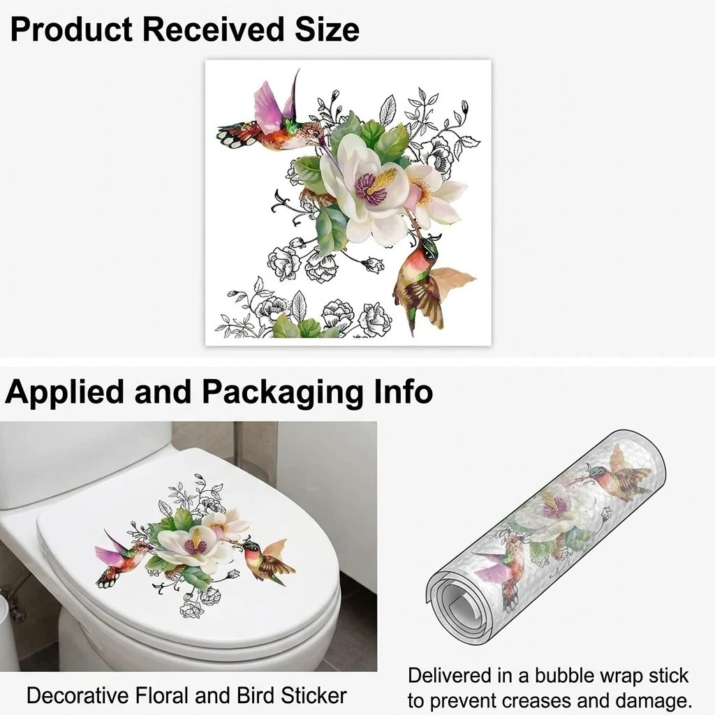Toilet Sticker Waterproof PVC Floral Bird Decal Removable Self Adhesive for Bathroom Restroom Hotel Home Decor Durable