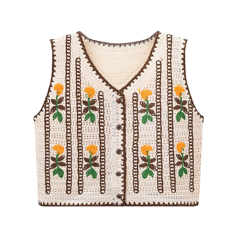 Vintage Floral Crochet Vest for Women Button Front Sleeveless Jacket Tanks Female Summer Fairycore Cottagecore Outfit